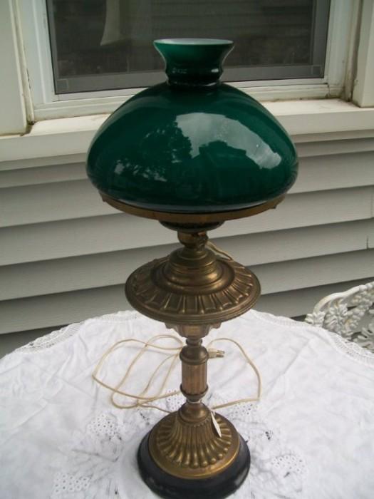 Beautiful Antique Desk or Table Lamp with Brass Base and Green Glass Shade. Perfect Condition