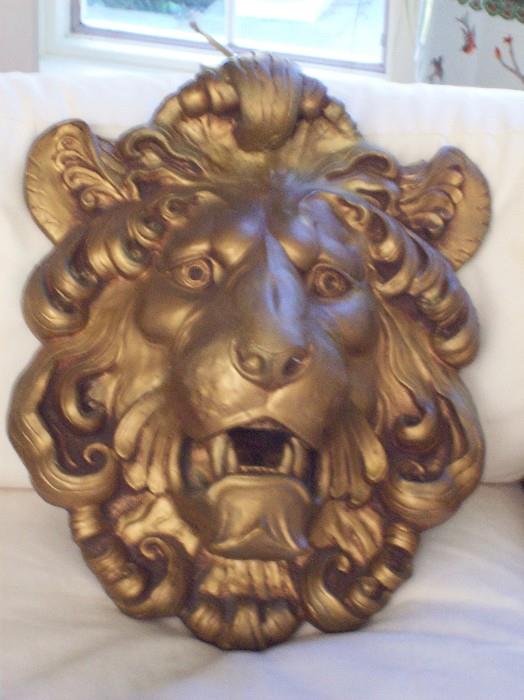 Plaster Gold Colored Lion Head Wall Hanging