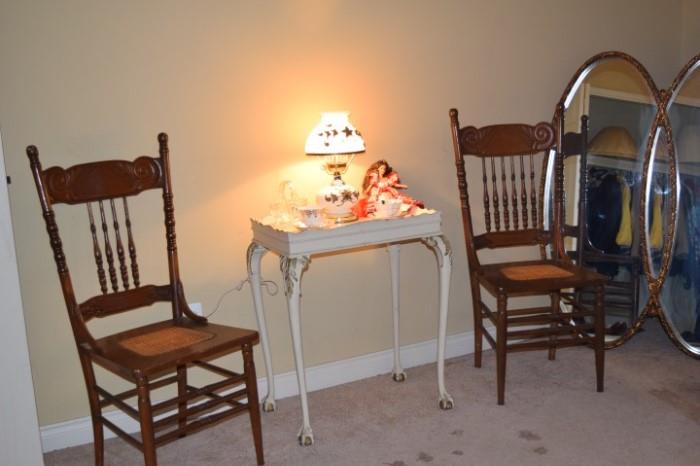 Antique Chairs, Lamp, Cabriole Leg Table, Doll, & Mirrors