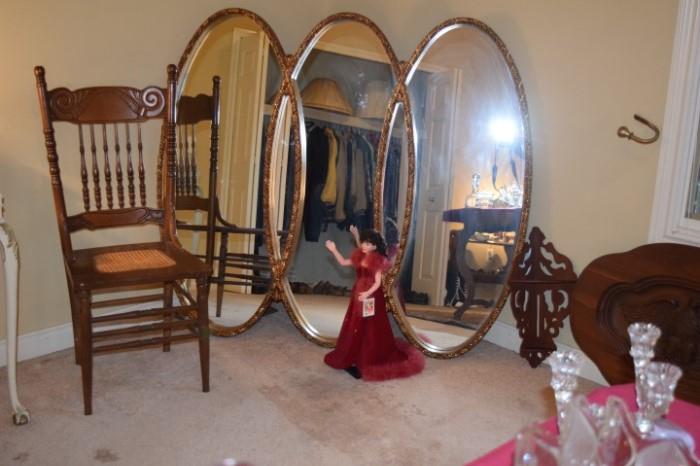 Antique Ornate Mirrors by Union city Mirror and Furniture, Cane bottom Chairs, Doll, Corner Shelf, Doll, Table Top with Carving