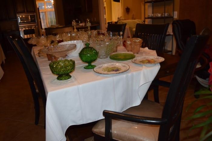 Glassware, punch bowls, dining table and chairs