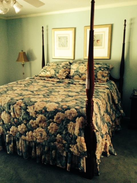 four poster king size bed, also custom spread, dust ruffle and 4 shams