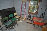 ladders, wheel barrow, step stools, lawn vac, spreader