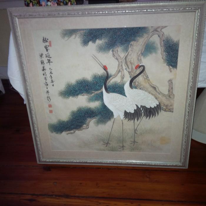 Japanese Cranes - Paint on Paper - Vintage