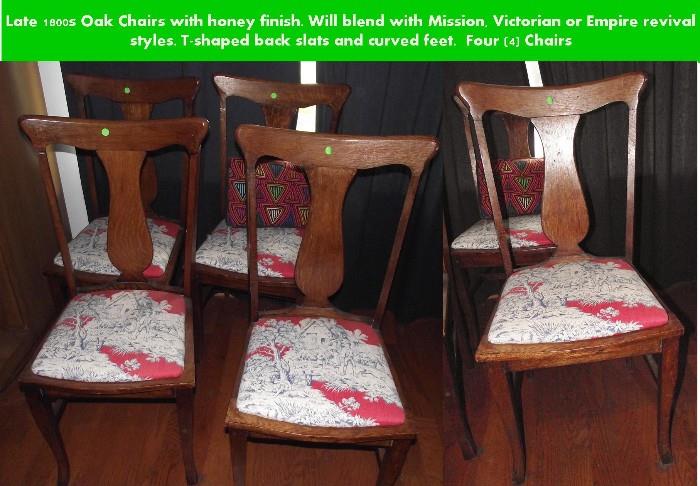 Late 1800 oak chairs with honey finish. Red toile fabric.  Curved feet. Early American.  Contact 3 Friends Estate Sales to pre-bid