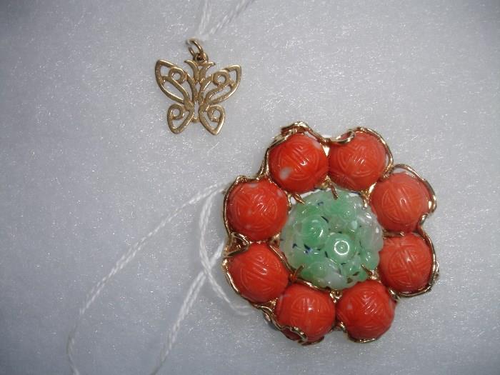 14kt. butterfly pendant, 14kt tested jade and coral pin