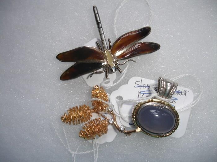Sterling dragonfly pin, 14kt and diamond pine cone pin, Barbara Bixby sterling and gold blue chalcedony pendant