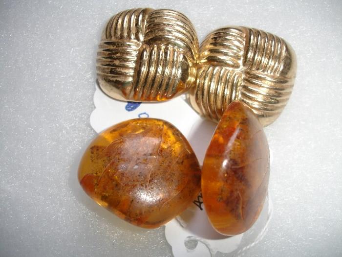 14kt gold clip earrings, amber clip earrings