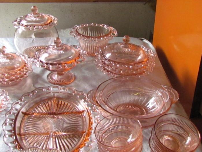 A serious collection of pink depression glass