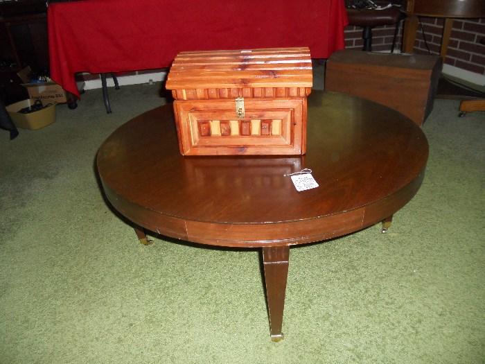 Round Wooden Coffee Table with brass casters