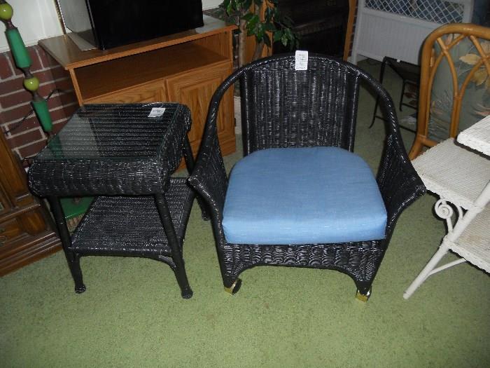 Black Wicker Chair (on rollers) and matching table