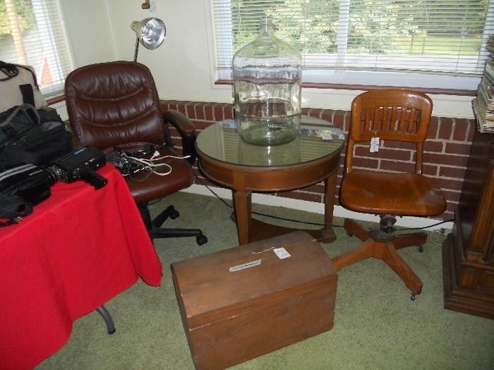 Leather Office Chair, Wooden Swivel Office Chair, Round Table and Small Chest