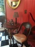 Antique pub table flanked by 2 antique chairs from the Leverett estate;