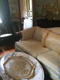 Italian tray; oval marble-top coffee table; antique sofa;