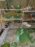 Green glassware; many knickknacks;