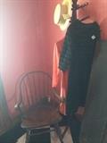 Antique rocker; hat rack; vintage clothing;