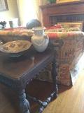Antique sofa table; many decorative items;