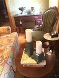 Antique green parlor chair; small round coffee table; coffee table books; misc.;