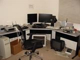 Computer equipment: monitors, keyboards, Canon photo scanner, Canon photo printer, peripherals, modular desk and chair.