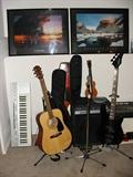 Ovation electric bass guitar, Fender acoustic guitar, Randall amplifier, Casio keyboard, nature prints.