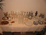Custom painted porcelain, silver, crystal, vintage platinum trimmed dish sets, Spode and Delft blue collectibles.