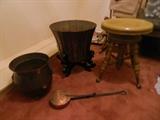 Brass planters, planter stand, claw/ball piano bench, bed warmer