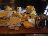 Vintage 40's-50's Homer Laughlin Fiesta Yellow dishes. Many pieces still available including dinner, dessert, bread & butter plates, bowls, large disc pitcher and platters.