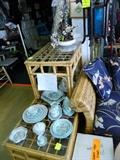 Adams Calyx Singapore Bird Ironstone china, Bamboo coffee table and end table