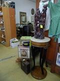 Marble top entry table, records, Asian wood carved figurine