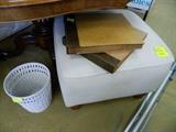 Ottoman, record portfolios, white wicker wastebasket