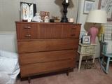 mid century modern chest dresser, small night stand, lamps
