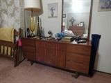 mid century modern dresser with mirror, lamps, decor