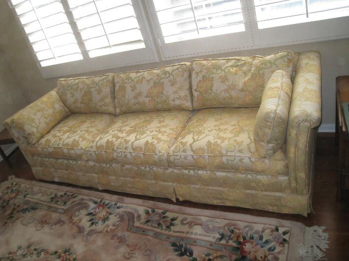 Gorgeous MCM 1960s 8' sofa upholstered in raw silk with down-filled cushions, in EXCELLENT condition!