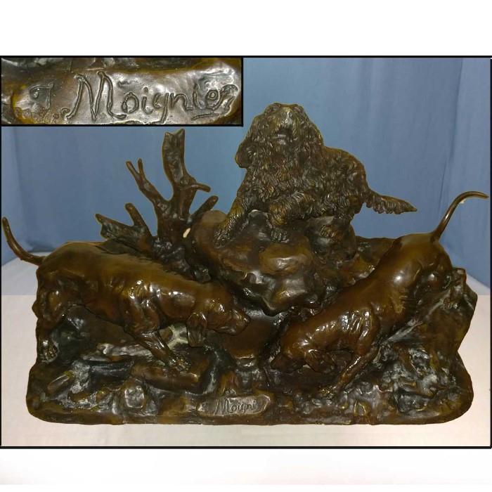Moignier Design Large Bronze Grouping of 3 Dogs at Fox Hole