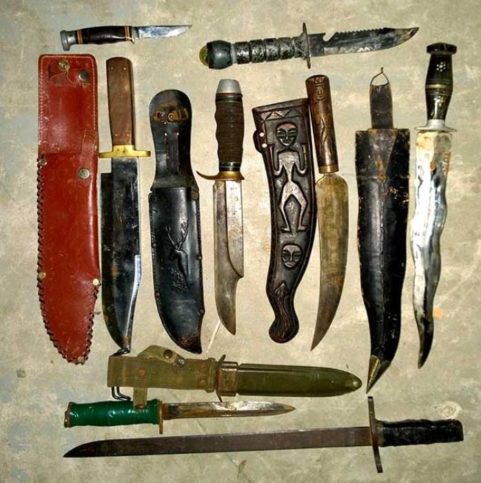 Flat of Misc Ethnic and Military Sheath Knives, Kris, Bayonetes and More (sold with Holsters also