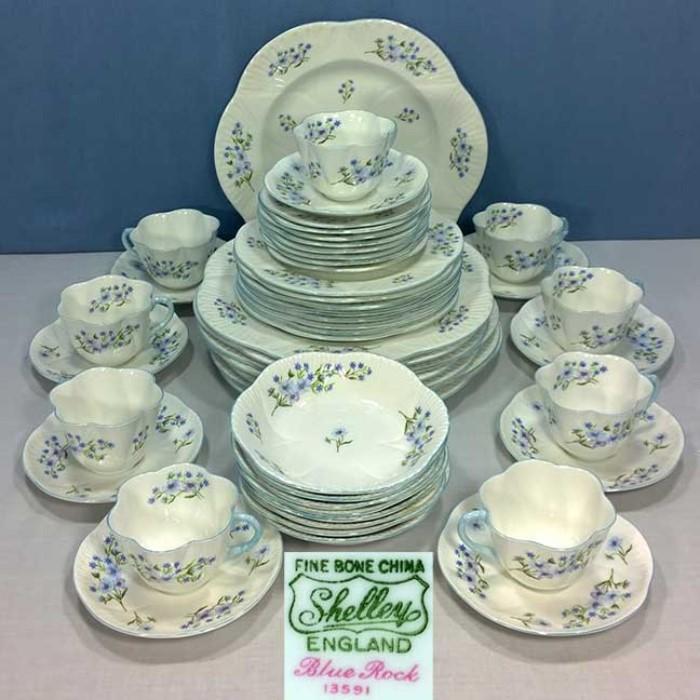 50 Pc Shelley Dainty Blue Rock Bone China  6 Pc Place Setting for 8 With Extra Cup and Saucer