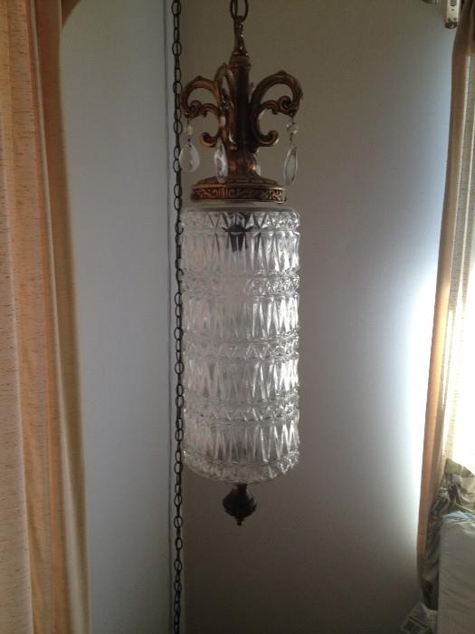 Vintage Hanging Crystal Cylinder Chandelier Lamp w Prisms & Chain Circa 1960's $95