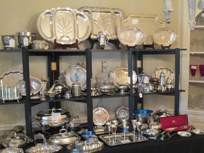 Silver trays, serving pieces, etc.