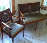 Unique side chair and bench, hand painted, losses to the caning on the side chair