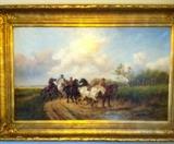 Alexis de Leeuw, massive painting in gilt frame, oil on canvas, dimple in canvas, losses to original gilt frame,  mid 19th century Belgian artist