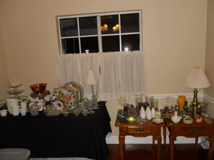 Ethan Allen end tables and misc. glassware