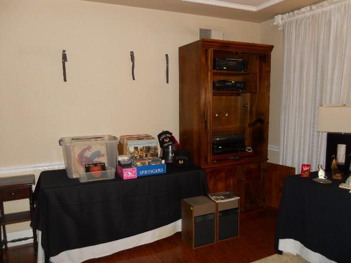 records, stereo, Bose speakers and wall unit