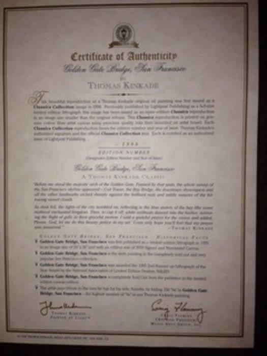 Certificate for Thomas Kinkade Golden Gate Bridge Art