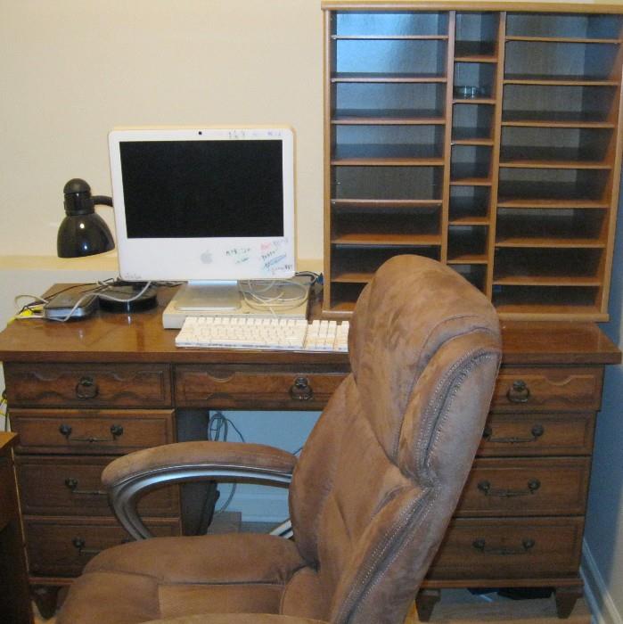 Vintage Desk - 30" x 56" x 22 1/2", Plush Wheeled Office Chair, iMac, and Mail Slot Unit - 29" x 28" x 15"