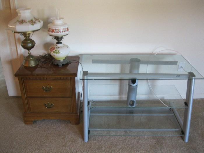 Vintage Lamps, 2 Drawer Side Table - 23" x 22" x 16" and Glass TV Stand - 23 1/2" x 24 1/2" x 21 1/2"