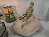 Early Royal Dux Boy on Sled - Fenton England "Dutch Twilight" 3 handled Vase