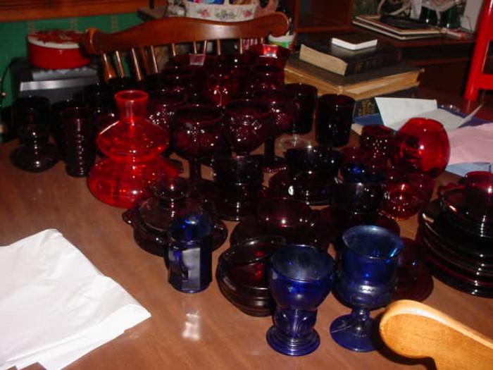 Large collection of ruby red and cobalt blue glassware