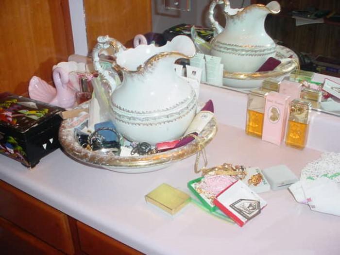 Vintage English porcelain bowl & pitcher, plus jewelry boxes, costume jewelry, and perfumes