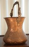 Hammered copper Iranian pot with cast brass handle, Deer and floral motif, 7"x7"