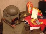 World War 1 items, helmet, belt, hat, army blanket and flags etc